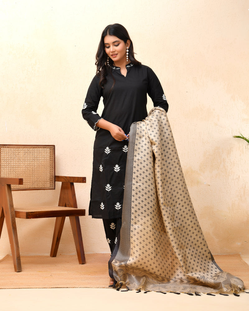 Black embroidered kurta set with solid pants & printed dupatta