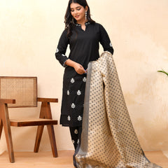 Black embroidered kurta set with solid pants & printed dupatta