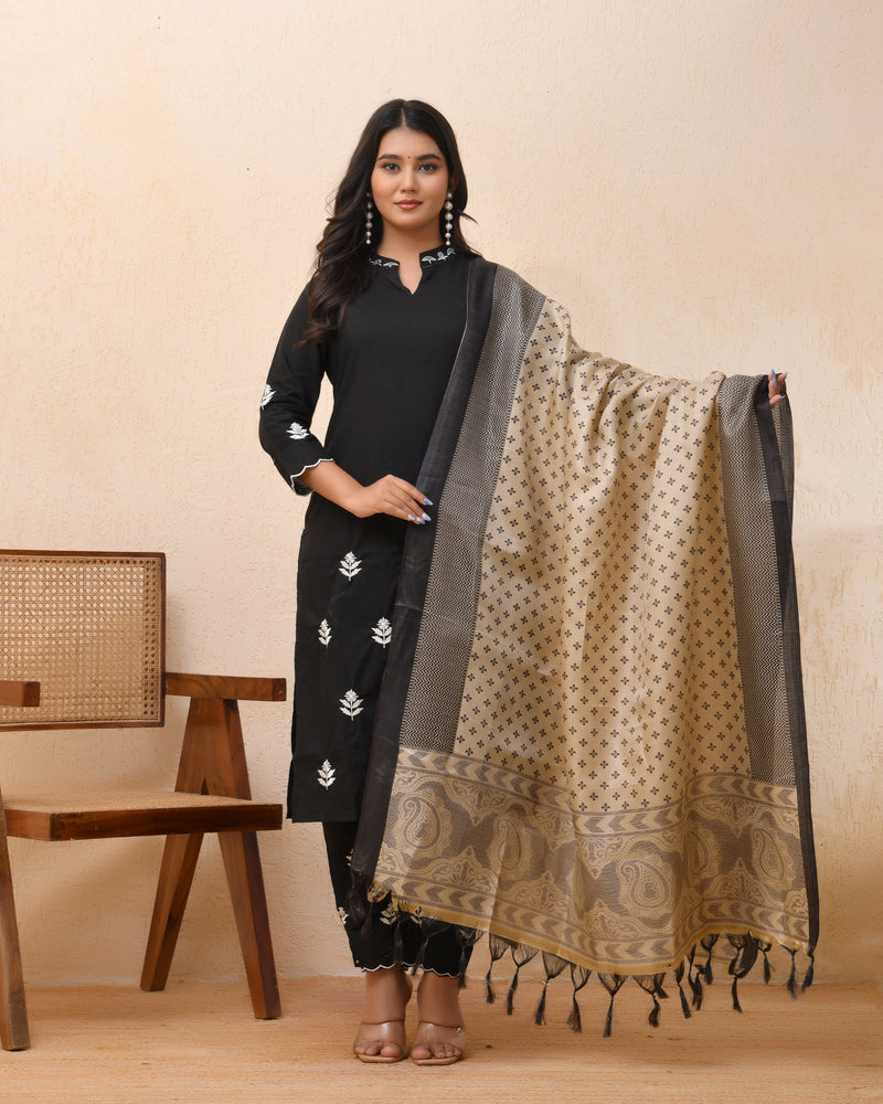Black embroidered kurta set with solid pants & printed dupatta