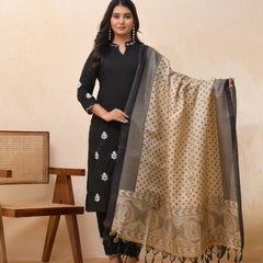 Black embroidered kurta set with solid pants & printed dupatta