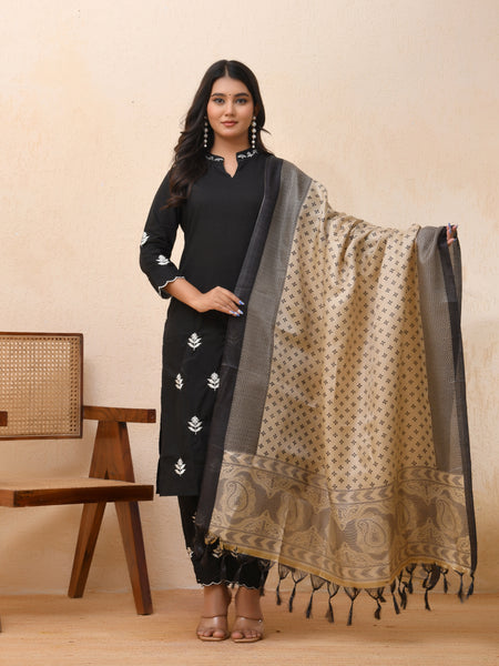 Black embroidered kurta set with solid pants & printed dupatta