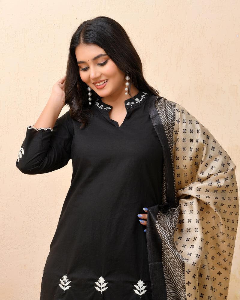 Black embroidered kurta set with solid pants & printed dupatta