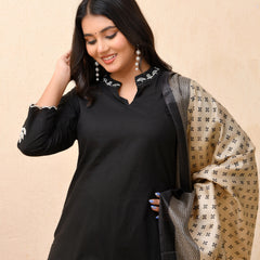 Black embroidered kurta set with solid pants & printed dupatta