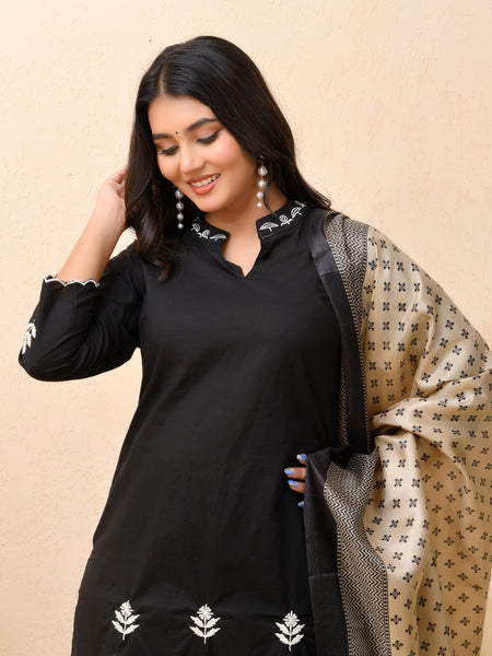 Black embroidered kurta set with solid pants & printed dupatta