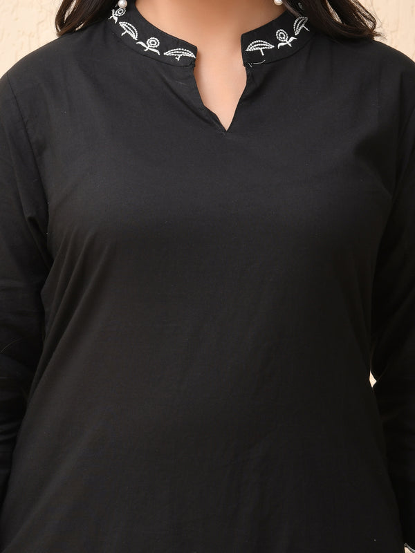 Black embroidered kurta set with solid pants & printed dupatta
