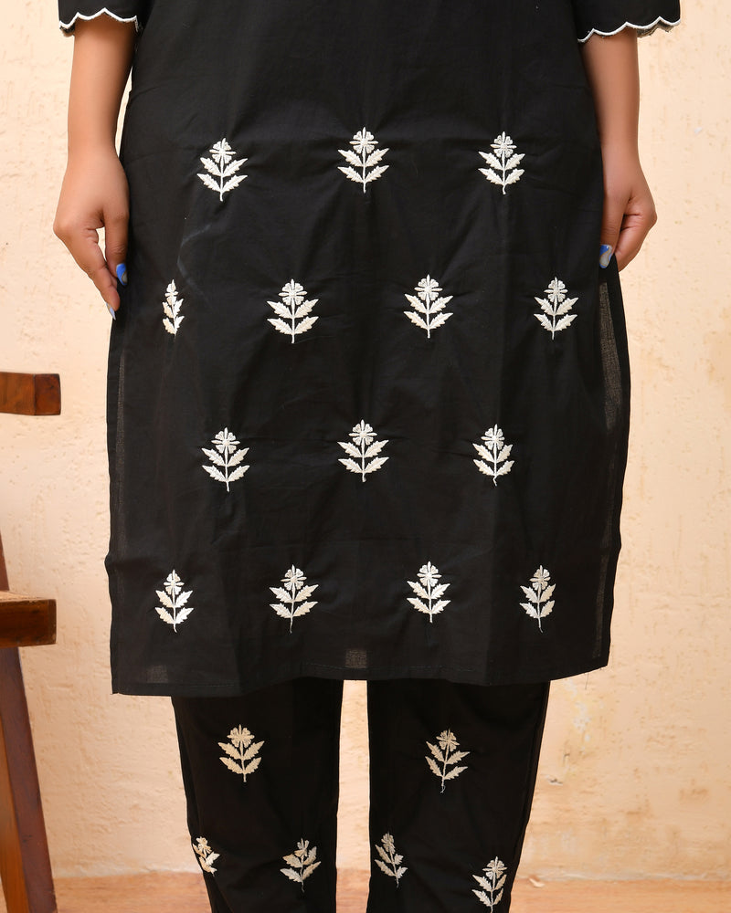 Black embroidered kurta set with solid pants & printed dupatta