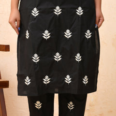 Black embroidered kurta set with solid pants & printed dupatta