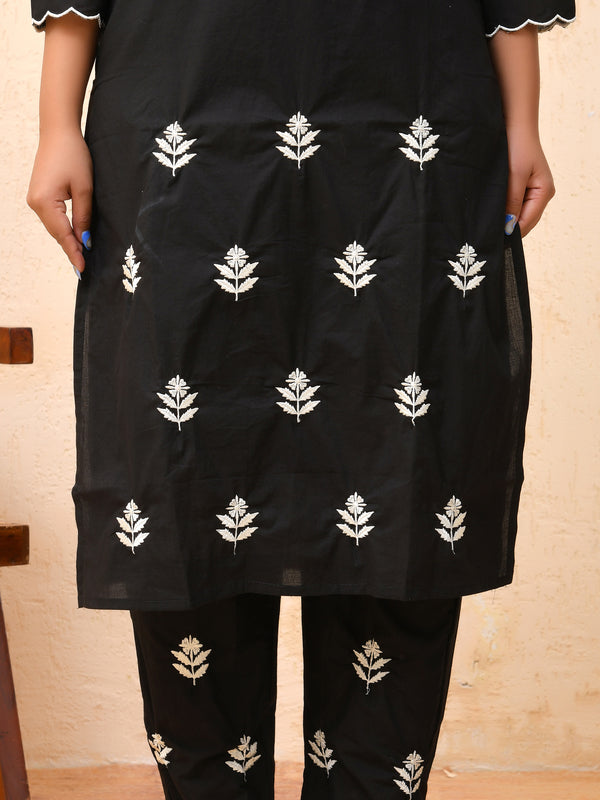 Black embroidered kurta set with solid pants & printed dupatta