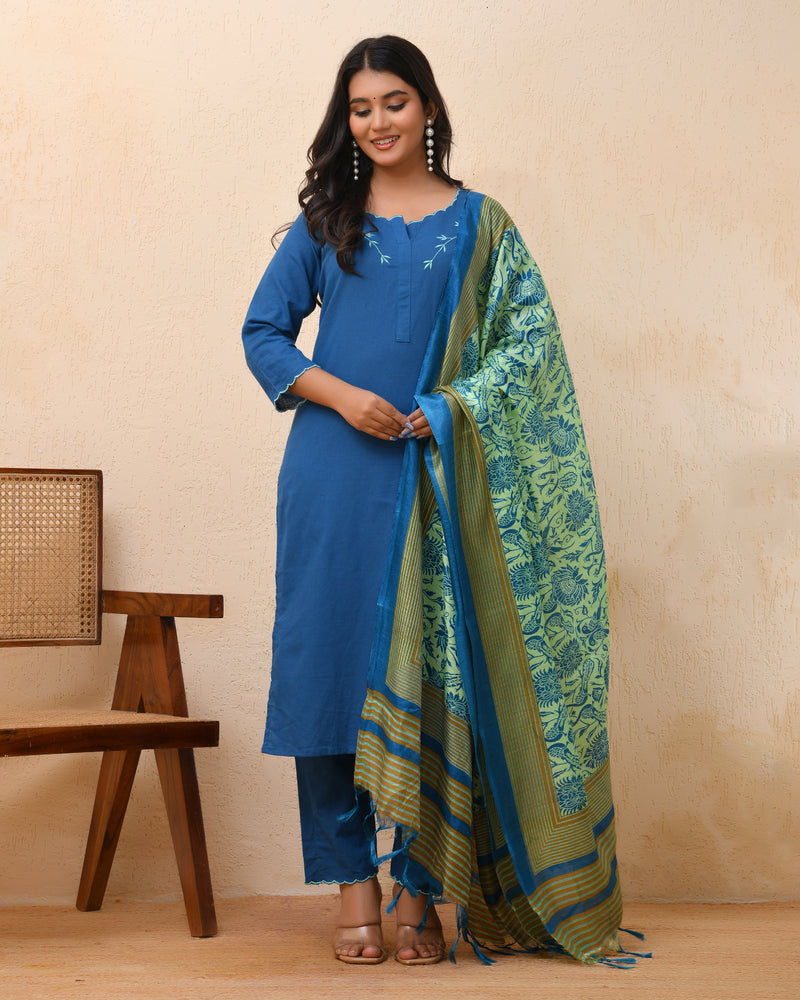 Blue embroidered kurta set with solid pants & printed dupatta