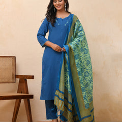 Blue embroidered kurta set with solid pants & printed dupatta