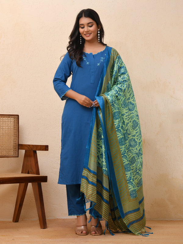 Blue embroidered kurta set with solid pants & printed dupatta