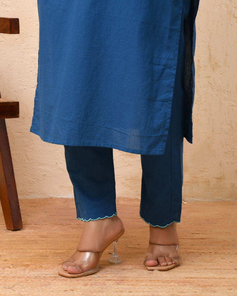 Blue embroidered kurta set with solid pants & printed dupatta