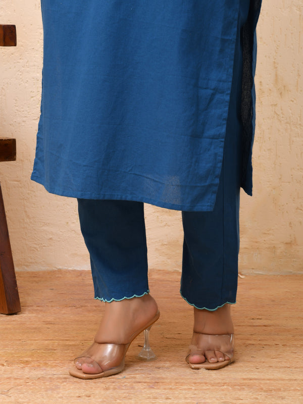 Blue embroidered kurta set with solid pants & printed dupatta