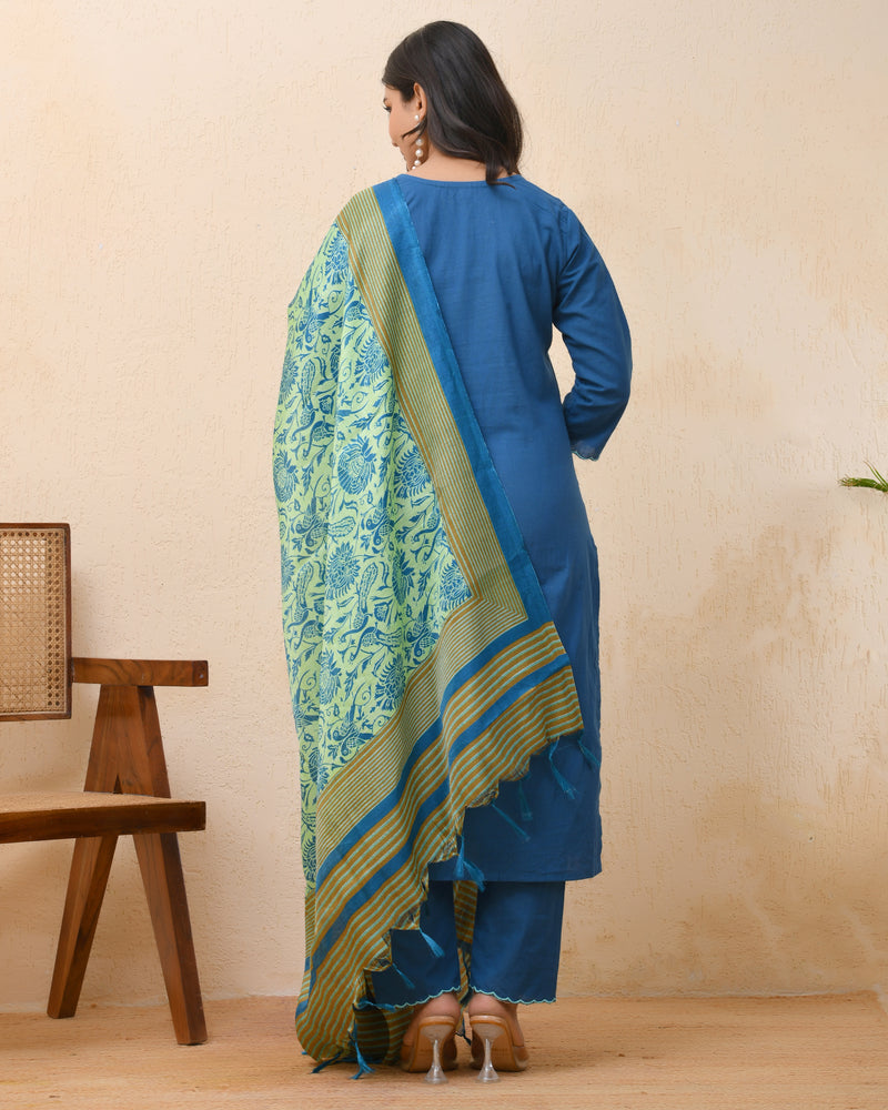 Blue embroidered kurta set with solid pants & printed dupatta