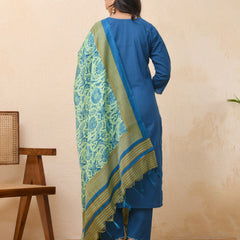 Blue embroidered kurta set with solid pants & printed dupatta