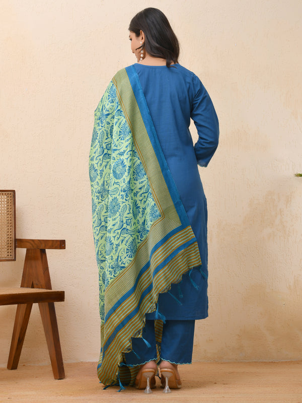 Blue embroidered kurta set with solid pants & printed dupatta