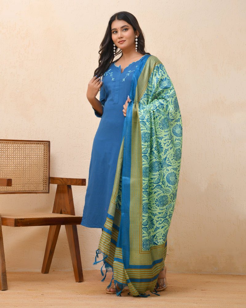 Blue embroidered kurta set with solid pants & printed dupatta