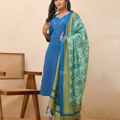 Blue embroidered kurta set with solid pants & printed dupatta