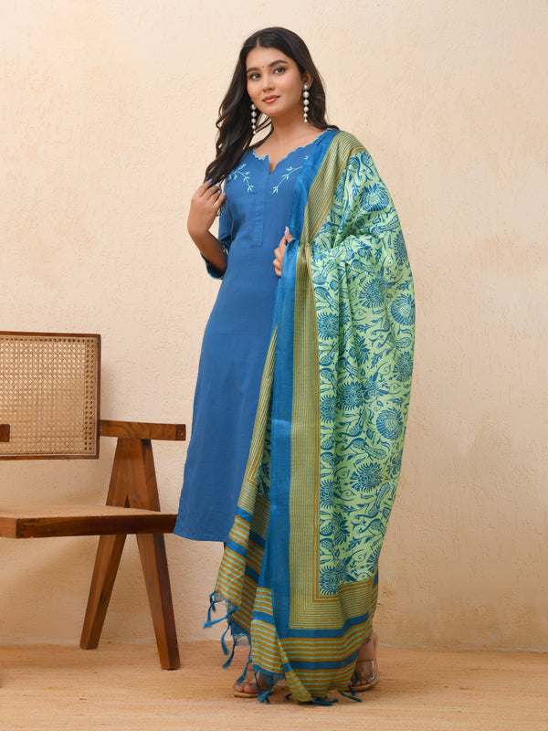 Blue embroidered kurta set with solid pants & printed dupatta