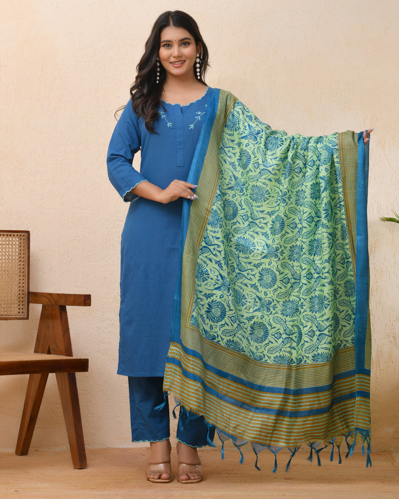 Blue embroidered kurta set with solid pants & printed dupatta