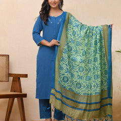 Blue embroidered kurta set with solid pants & printed dupatta