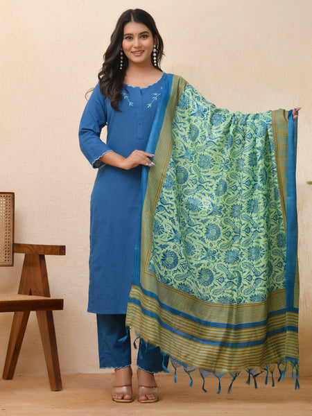 Blue embroidered kurta set with solid pants & printed dupatta