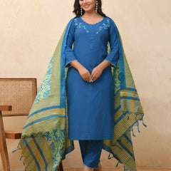 Blue embroidered kurta set with solid pants & printed dupatta