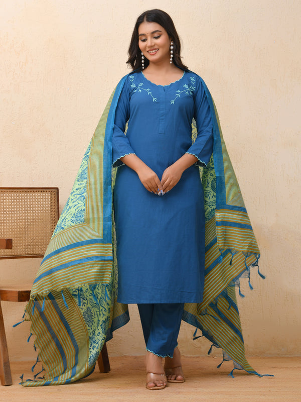Blue embroidered kurta set with solid pants & printed dupatta