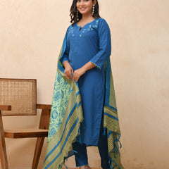 Blue embroidered kurta set with solid pants & printed dupatta