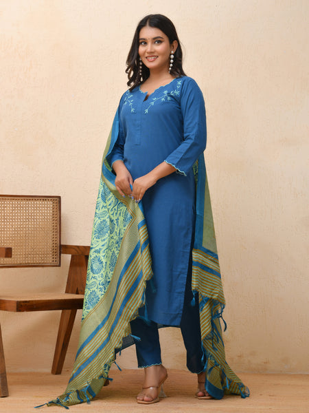 Blue embroidered kurta set with solid pants & printed dupatta