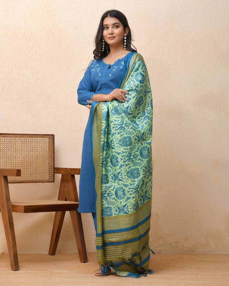 Blue embroidered kurta set with solid pants & printed dupatta