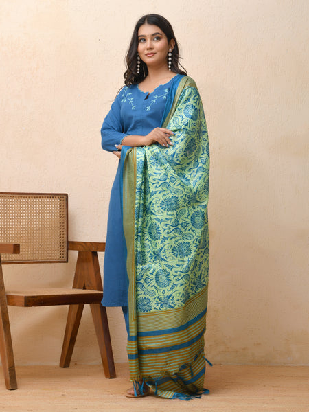 Blue embroidered kurta set with solid pants & printed dupatta