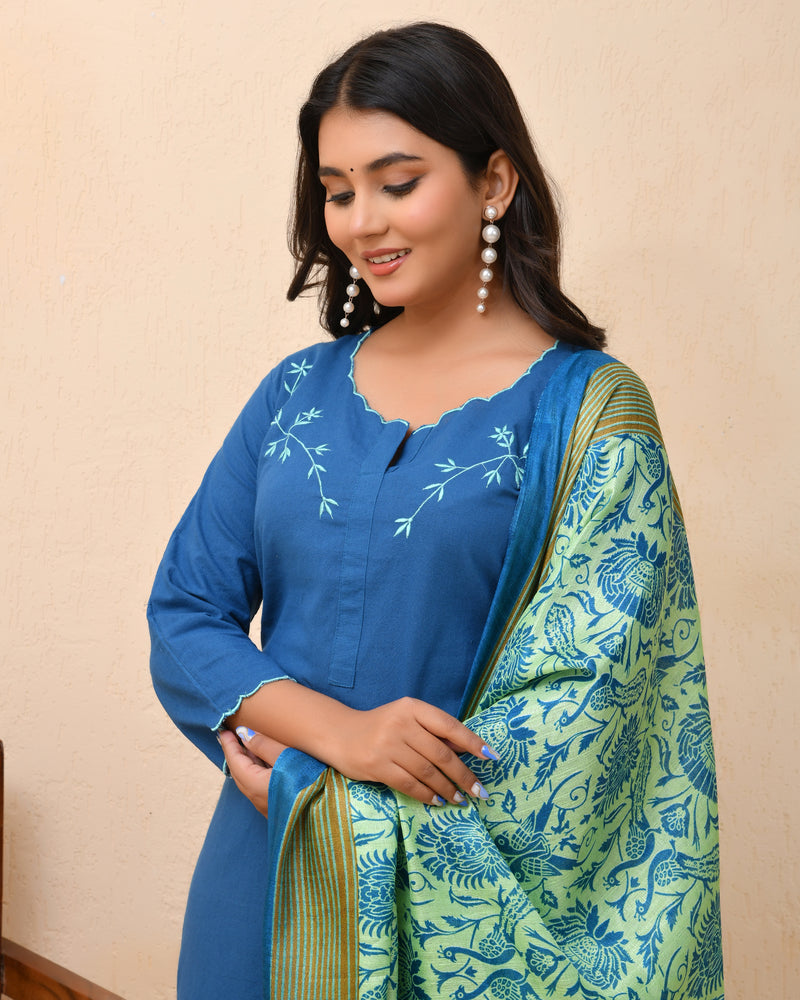 Blue embroidered kurta set with solid pants & printed dupatta
