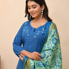 Blue embroidered kurta set with solid pants & printed dupatta