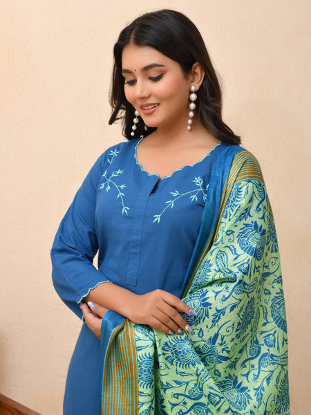 Blue embroidered kurta set with solid pants & printed dupatta