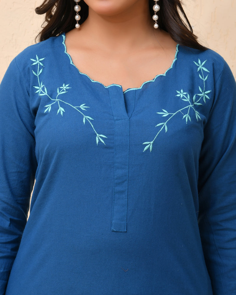 Blue embroidered kurta set with solid pants & printed dupatta