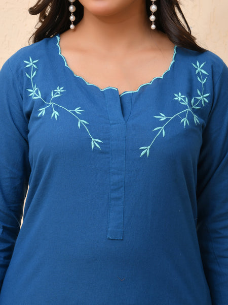 Blue embroidered kurta set with solid pants & printed dupatta