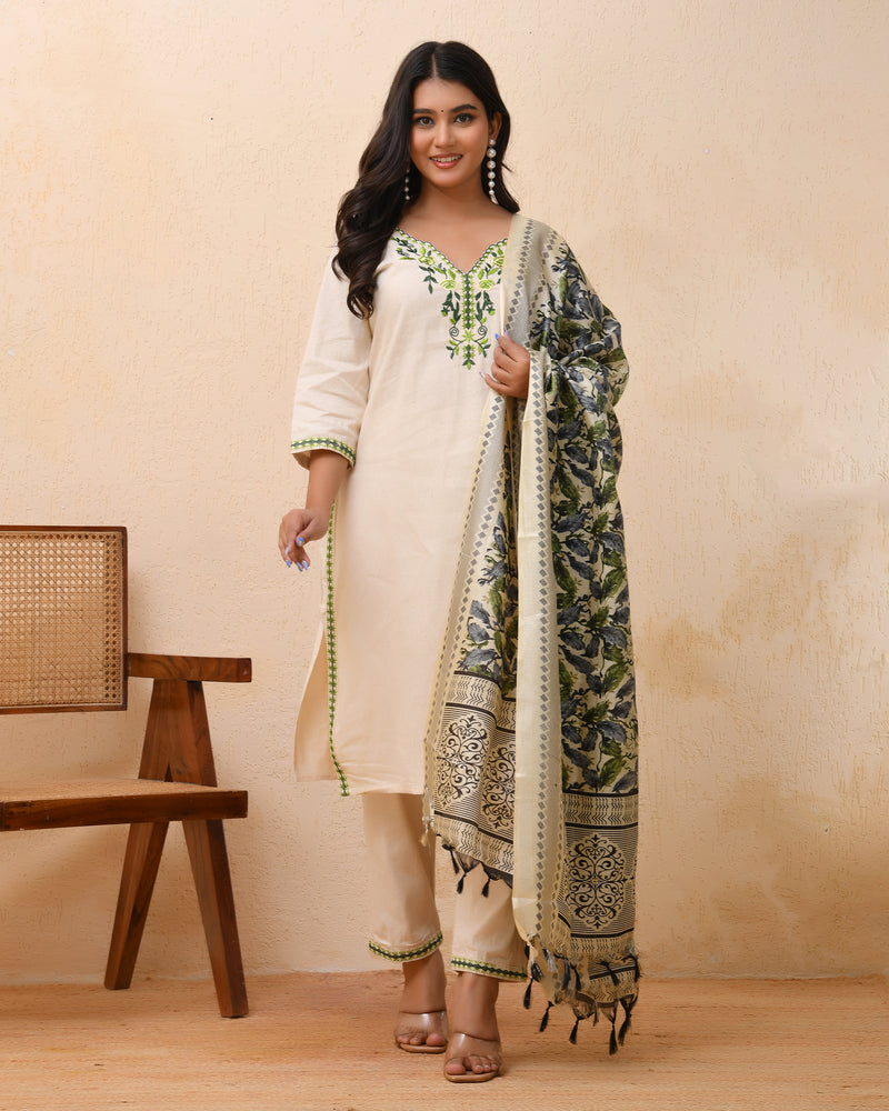 Cream embroidered kurta set with solid pants & printed dupatta