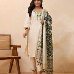Cream embroidered kurta set with solid pants & printed dupatta