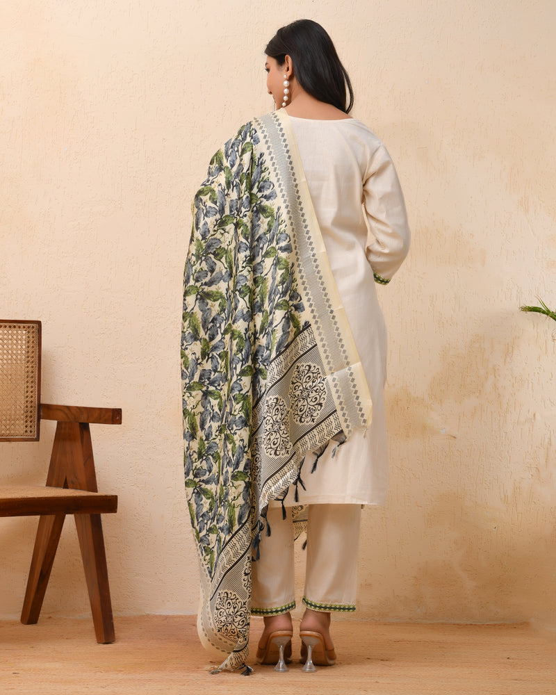 Cream embroidered kurta set with solid pants & printed dupatta