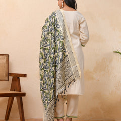 Cream embroidered kurta set with solid pants & printed dupatta