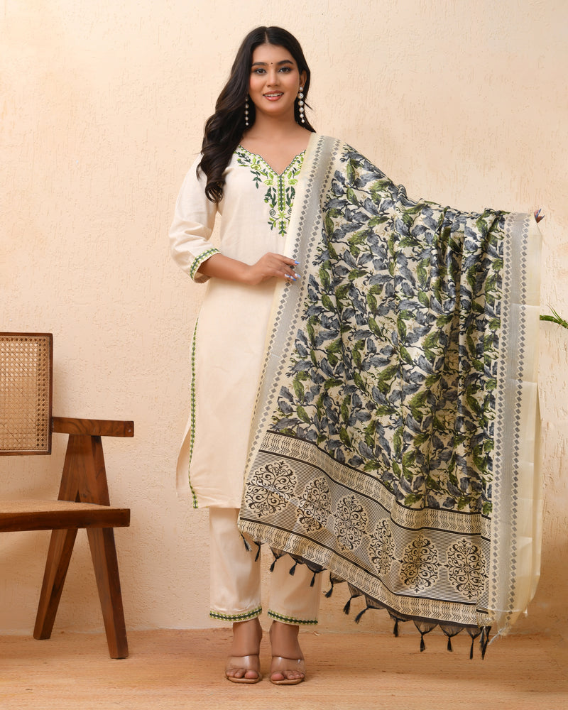 Cream embroidered kurta set with solid pants & printed dupatta