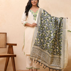 Cream embroidered kurta set with solid pants & printed dupatta