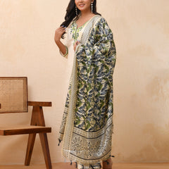 Cream embroidered kurta set with solid pants & printed dupatta