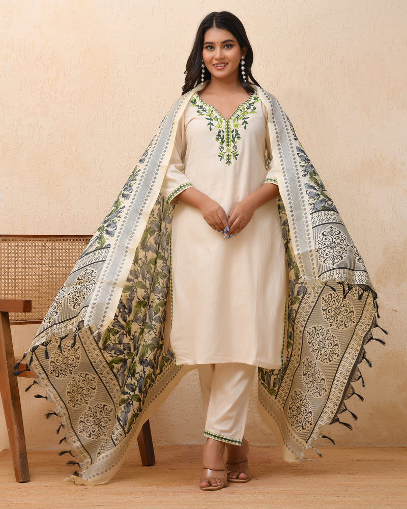 Cream embroidered kurta set with solid pants & printed dupatta