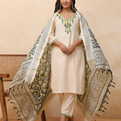 Cream embroidered kurta set with solid pants & printed dupatta
