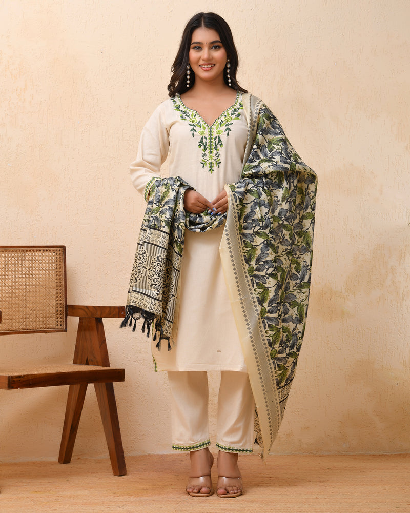Cream embroidered kurta set with solid pants & printed dupatta