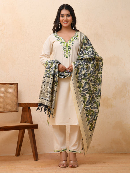 Cream embroidered kurta set with solid pants & printed dupatta