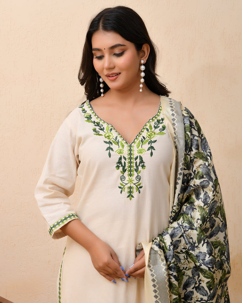 Cream embroidered kurta set with solid pants & printed dupatta