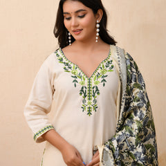 Cream embroidered kurta set with solid pants & printed dupatta